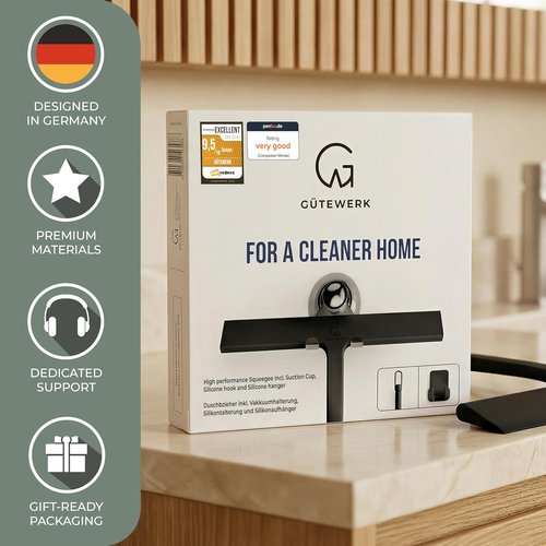 GÜTEWERK Silicone Shower Squeegee - Streak-Free Glass & Mirror Cleaner | 3-in-1 No-Drill Mount, Black, 9''