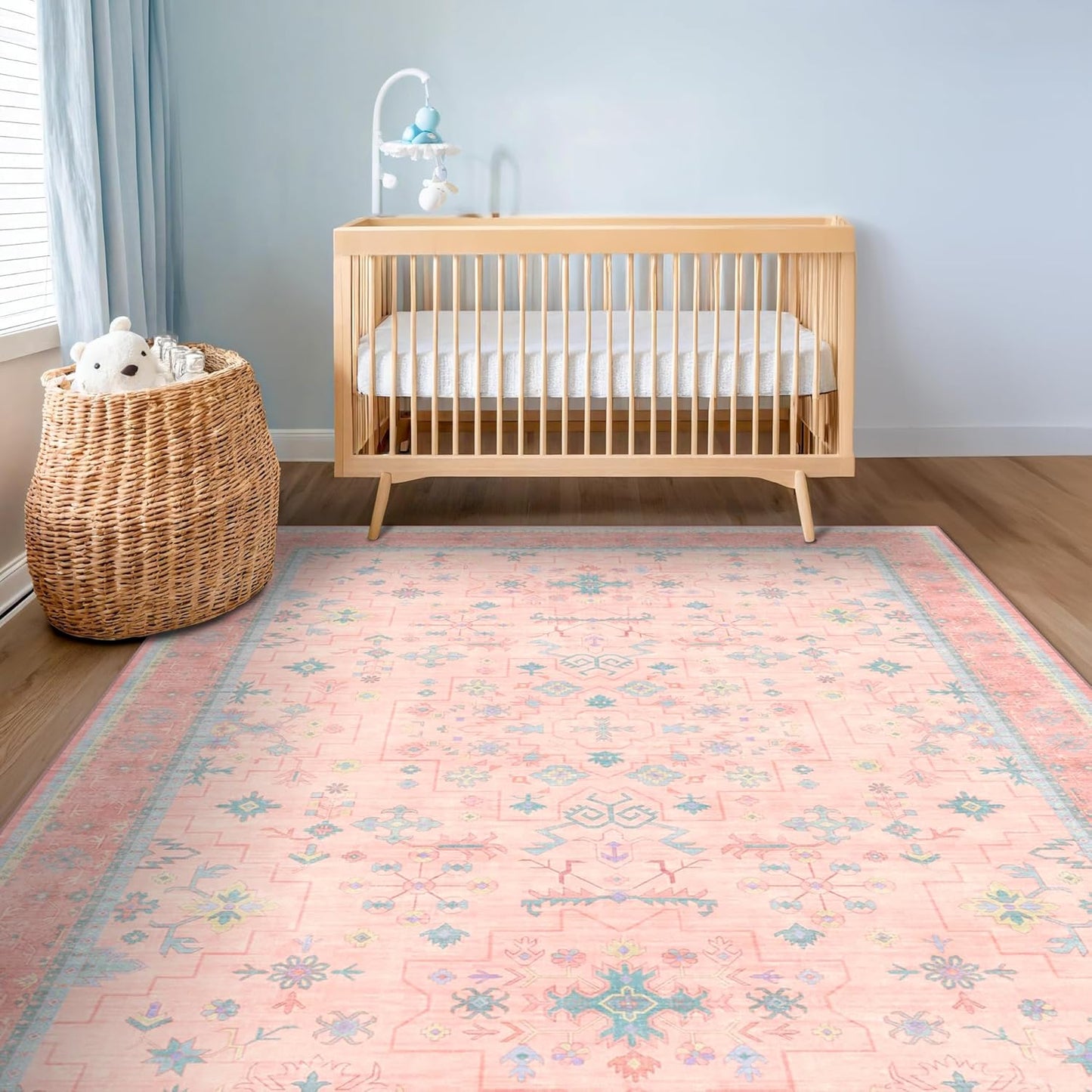 Oushak Rugs - Washable Pink & Blue 7x10 Modern Floral Design | Soft, Non-Slip, Stain-Resistant Carpet for Bedrooms & Living Rooms