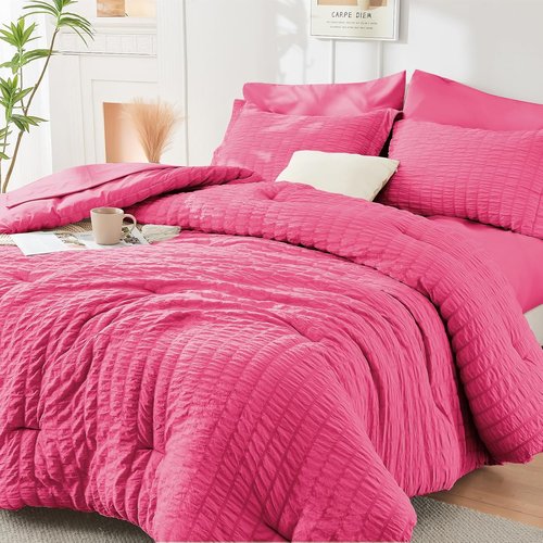 HYMOKEGE Comforter Set - Hot Pink Seersucker Luxury Bedding - 7 Pieces for All Season Comfort