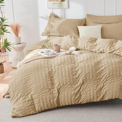 HYMOKEGE Twin Comforter Set - All Season Luxury 5-Piece Seersucker Bedding in Khaki