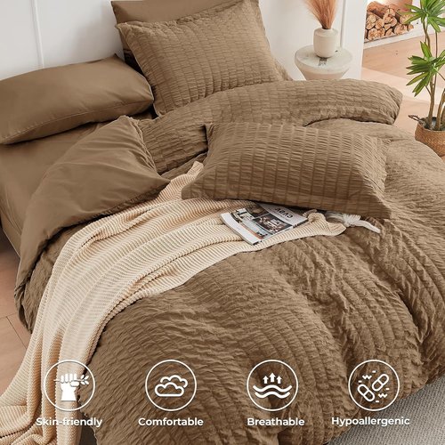 HYMOKEGE King Size Comforter Set - Luxury 7-Piece All-Season Bedding Set in Brown with Sheets & Pillowcases