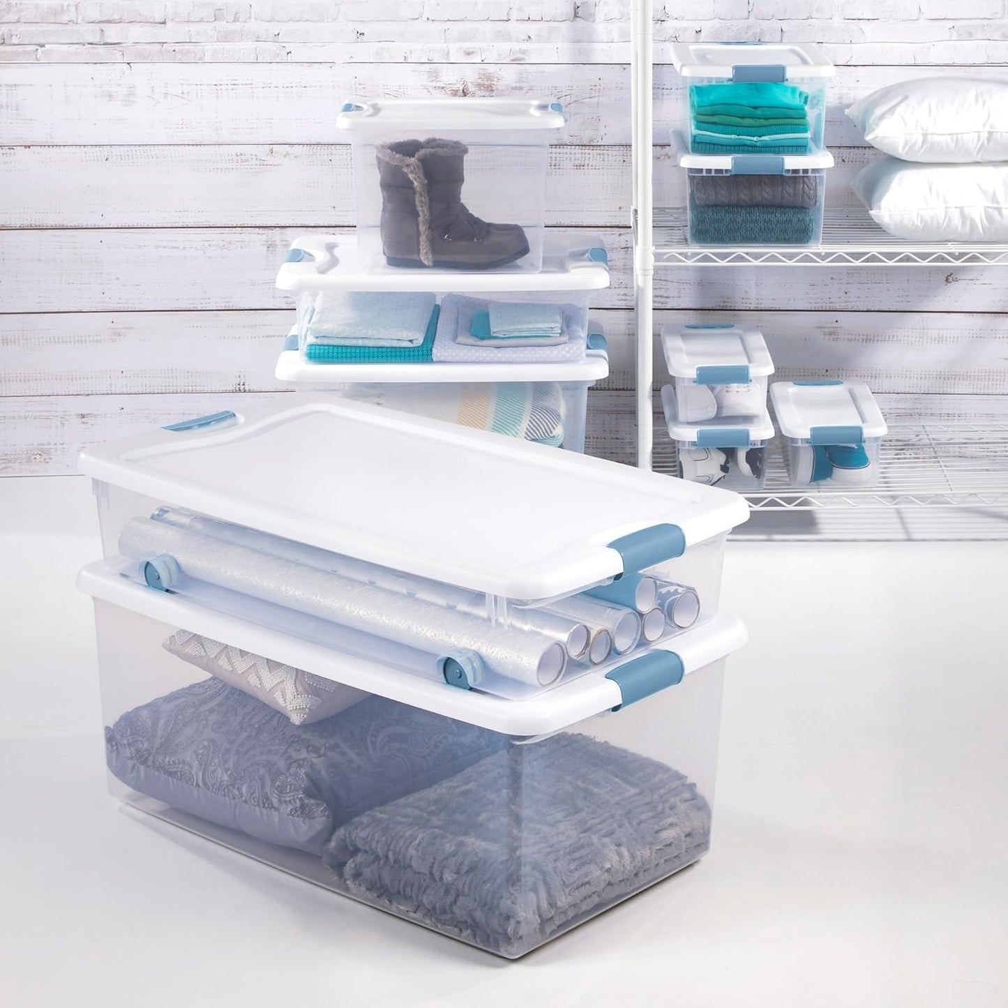 Sterilite 6-Pack Latching Storage Bins - Clear Plastic Under Bed Organizers, 32 Quart Capacity