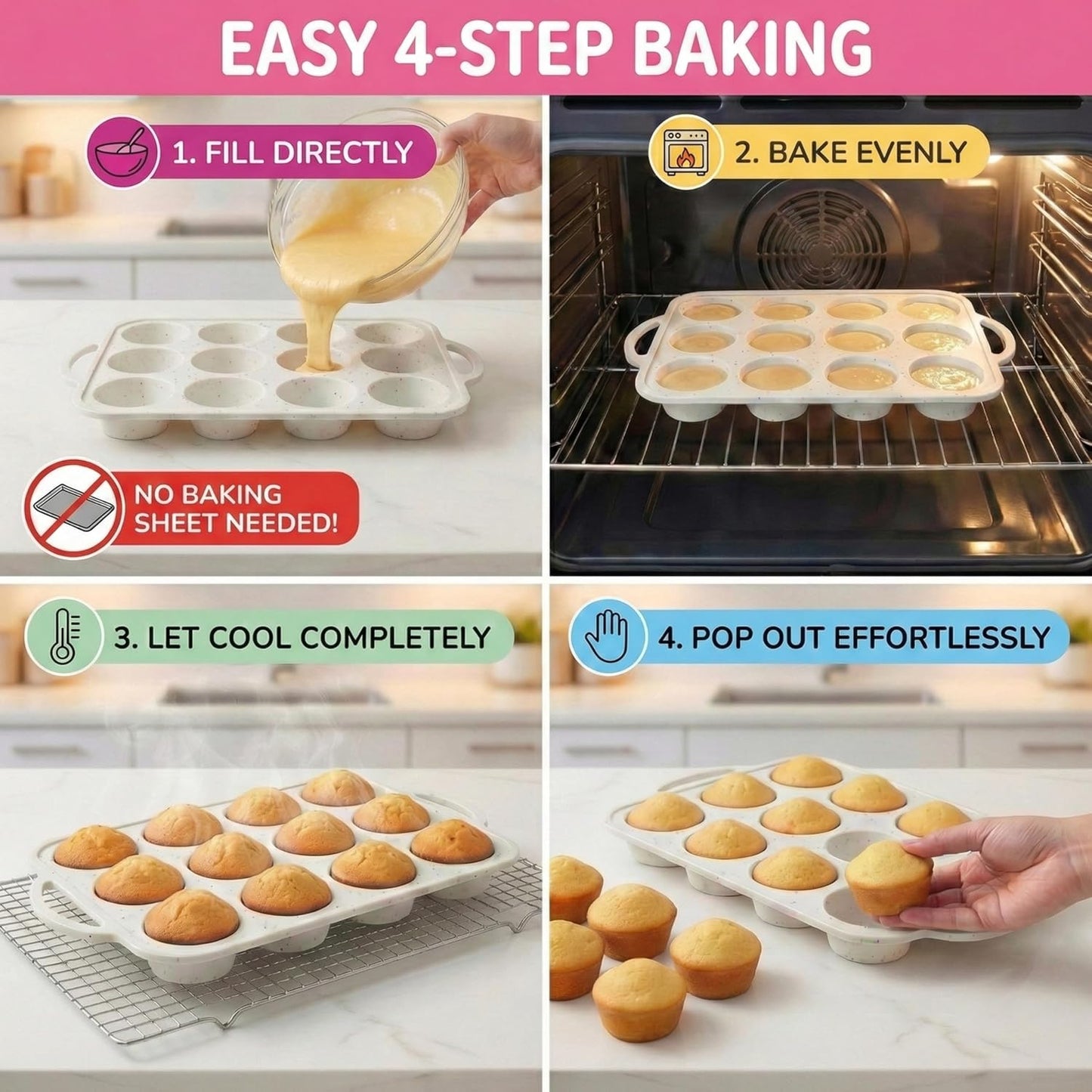 Skiennix Silicone Muffin Pan Set - Nonstick 12-Cup & 24-Cup Mini Pans | BPA-Free, Dishwasher-Safe, Cream