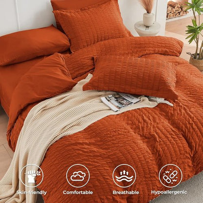 HYMOKEGE California King Comforter Set - Burnt Orange Seersucker 7-Piece Luxury Bedding Set