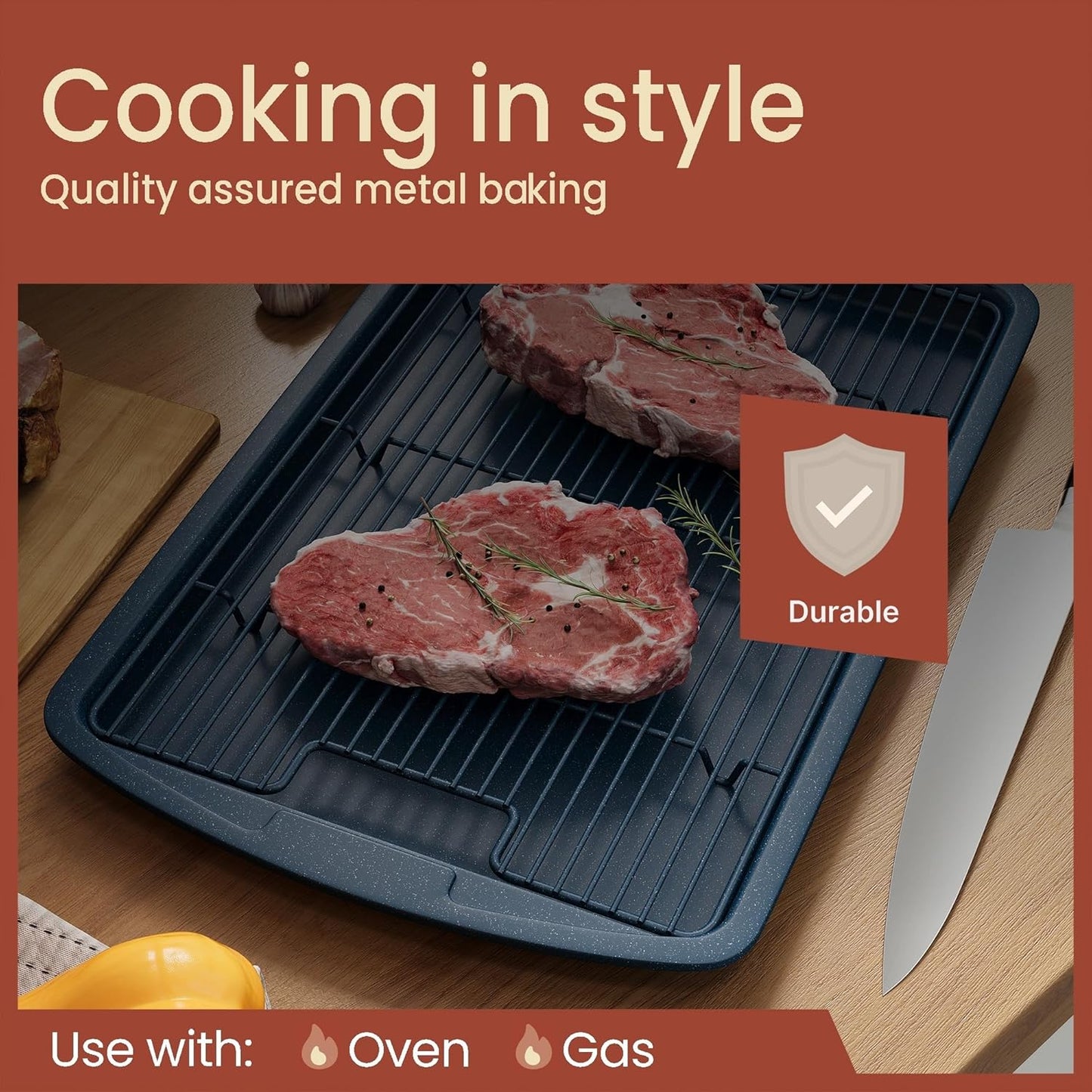 Skiennix Cookie Sheet Set - Nonstick Blue Marble Carbon Steel Pan & Cooling Rack | Oven Safe Up to 450°F, 17.4" Pan & 14.7" Rack