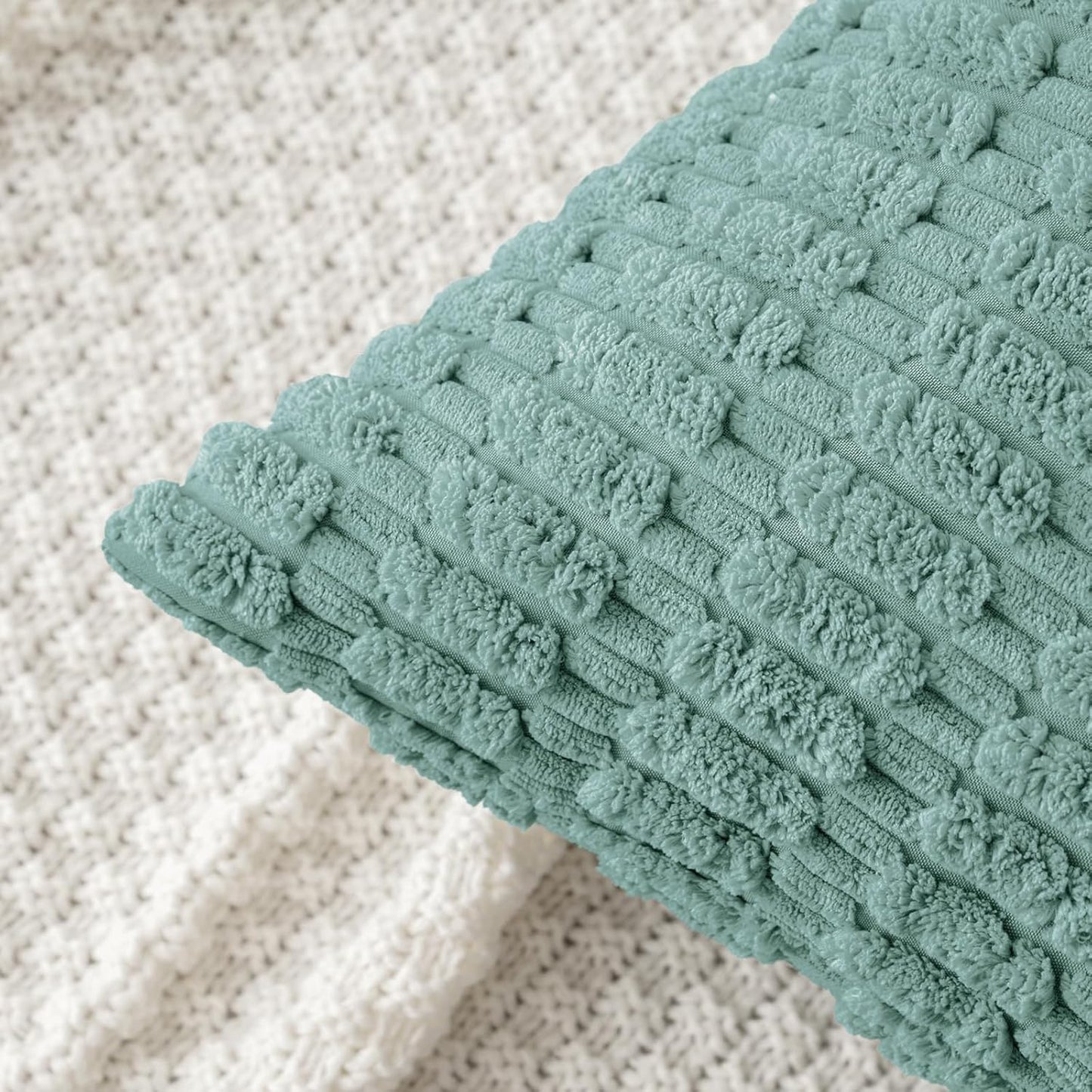 MIULEE Corduroy Throw Pillow Covers - Soft Boho Striped Design | 18x18 Inch Teal Green for Modern Home Decor