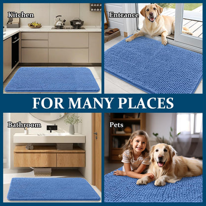OLANLY Dog Door Mat - Absorbent Non-Slip Chenille Mat for Muddy Paws | 47x17 Inches, Cornflower Blue