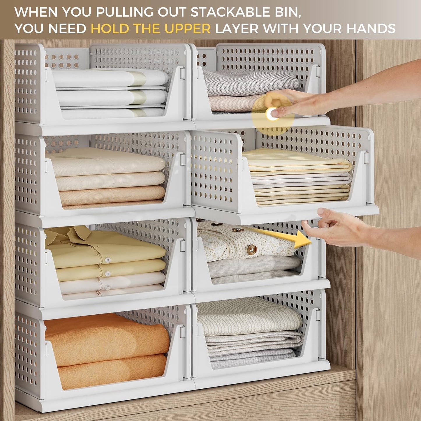 Pinkpum 8-Pack Closet Organizers - Stackable Plastic Storage Bins for Wardrobe, Kitchen & Bathroom - White