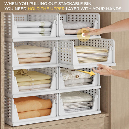 Pinkpum 8-Pack Closet Organizers - Stackable Plastic Storage Bins for Wardrobe, Kitchen & Bathroom - White