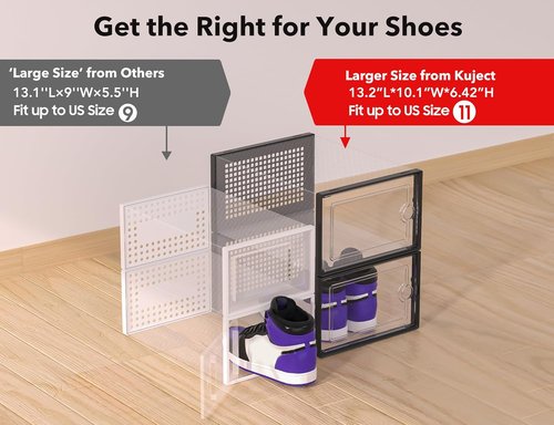 Kuject X-Large Clear Plastic Shoe Storage Boxes - Stackable 12 Pack for Sneakers & Toys | Black