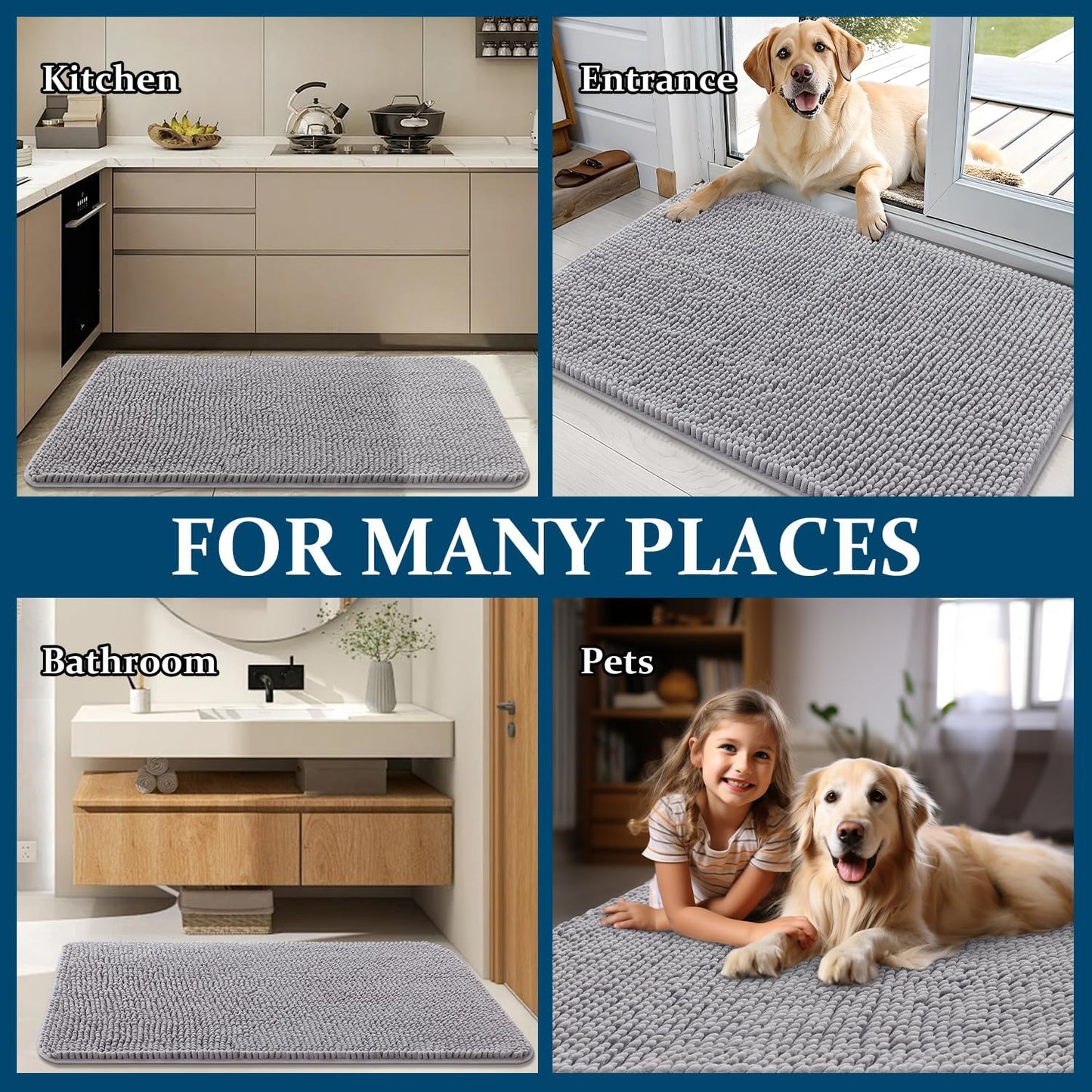 OLANLY Dog Door Mat - Absorbent Non-Slip Washable Chenille Mat for Muddy Paws | 40x24 Light Grey
