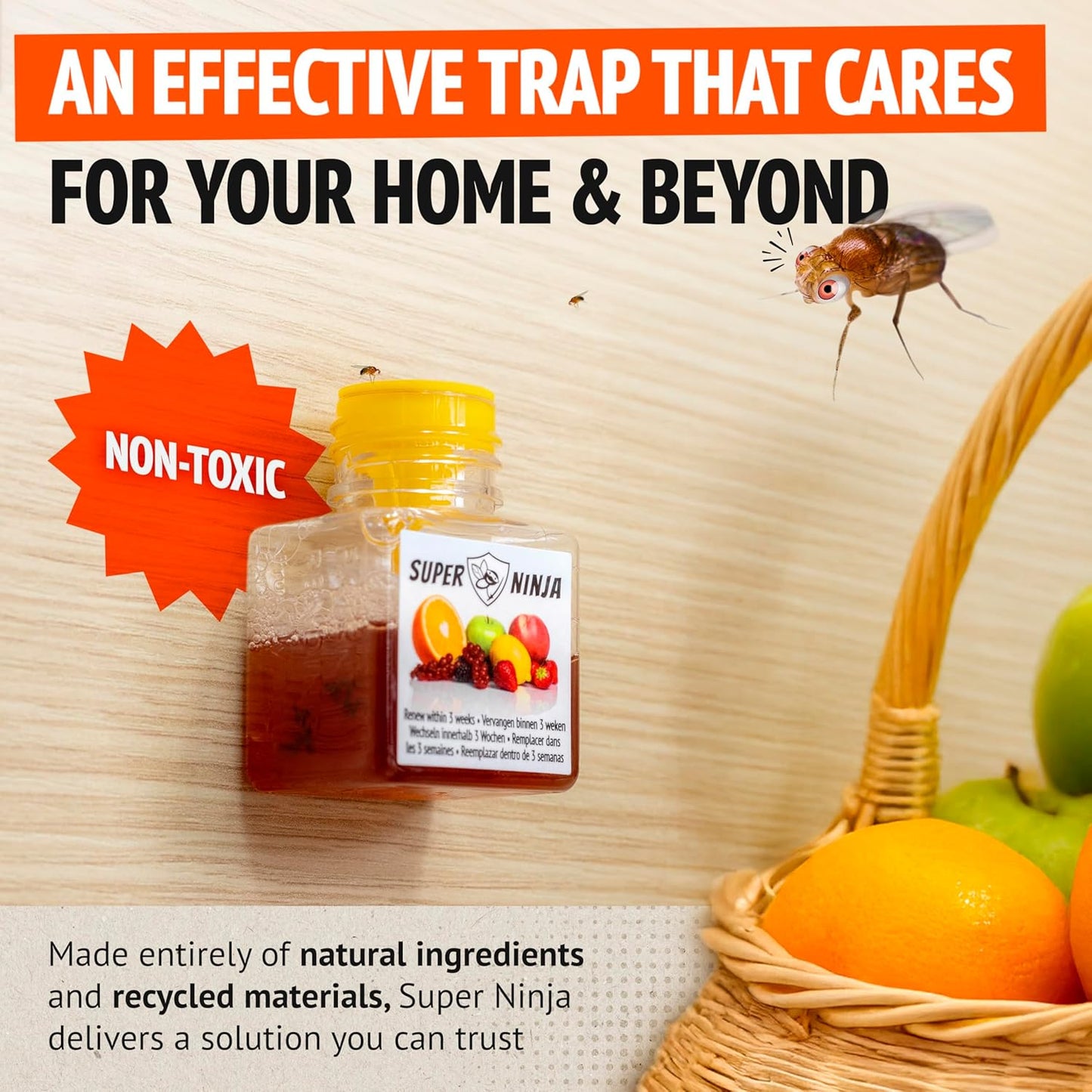 Super Ninja Fruit Fly Traps for Indoors - 4 Pack, Highly Effective Fruit Fly Catcher for Indoor Use for Home & Kitchen, Up to 3 Weeks of Performance per Bottle, Kid & Pet Friendly