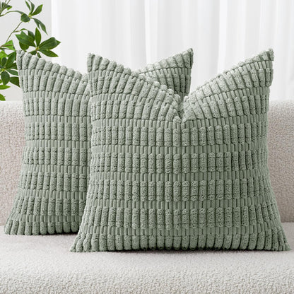 MIULEE Euro Sham Pillow Covers - Soft Boho Striped Corduroy | 24x24 Inch, Greyish Green, Set of 2