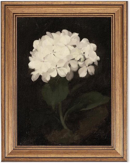 Gold Framed Vintage Wall Art - Hydrangea Flowers Canvas Print for Living Room | Dark Moody Botanical Decor (9.5"x12")