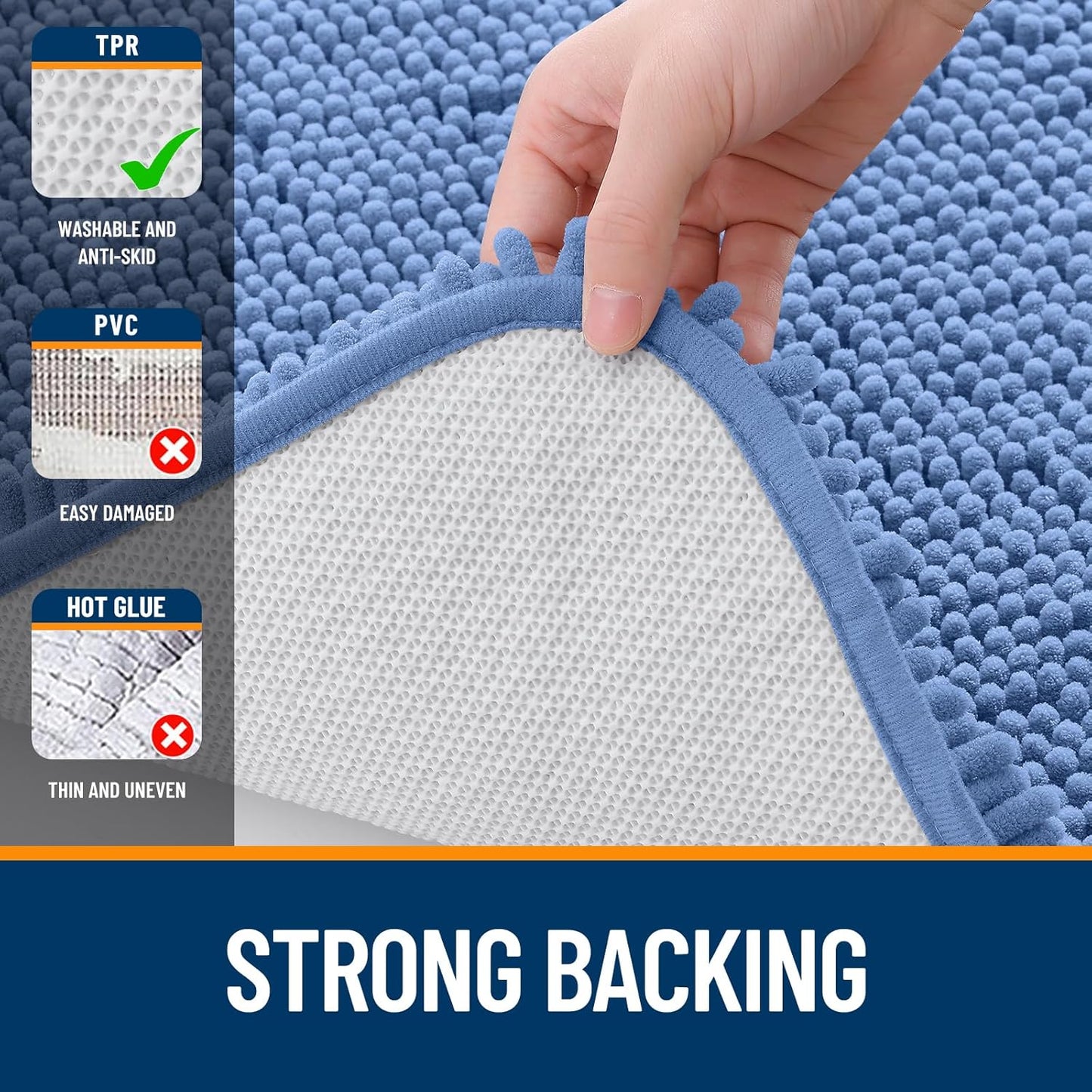 OLANLY Bathroom Runner Rugs - Soft Chenille Bath Mats with Rubber Backing | Quick Dry, Machine Washable, 44x24, Cornflower Blue