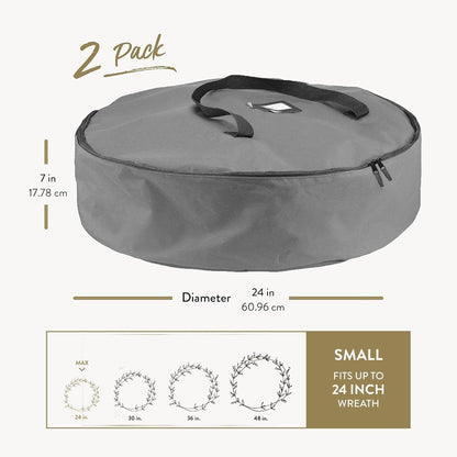ZOBER Oxford Christmas Wreath Storage Container - 24 Inch Waterproof Bag with Dual Zippers & Durable Handles - Gray