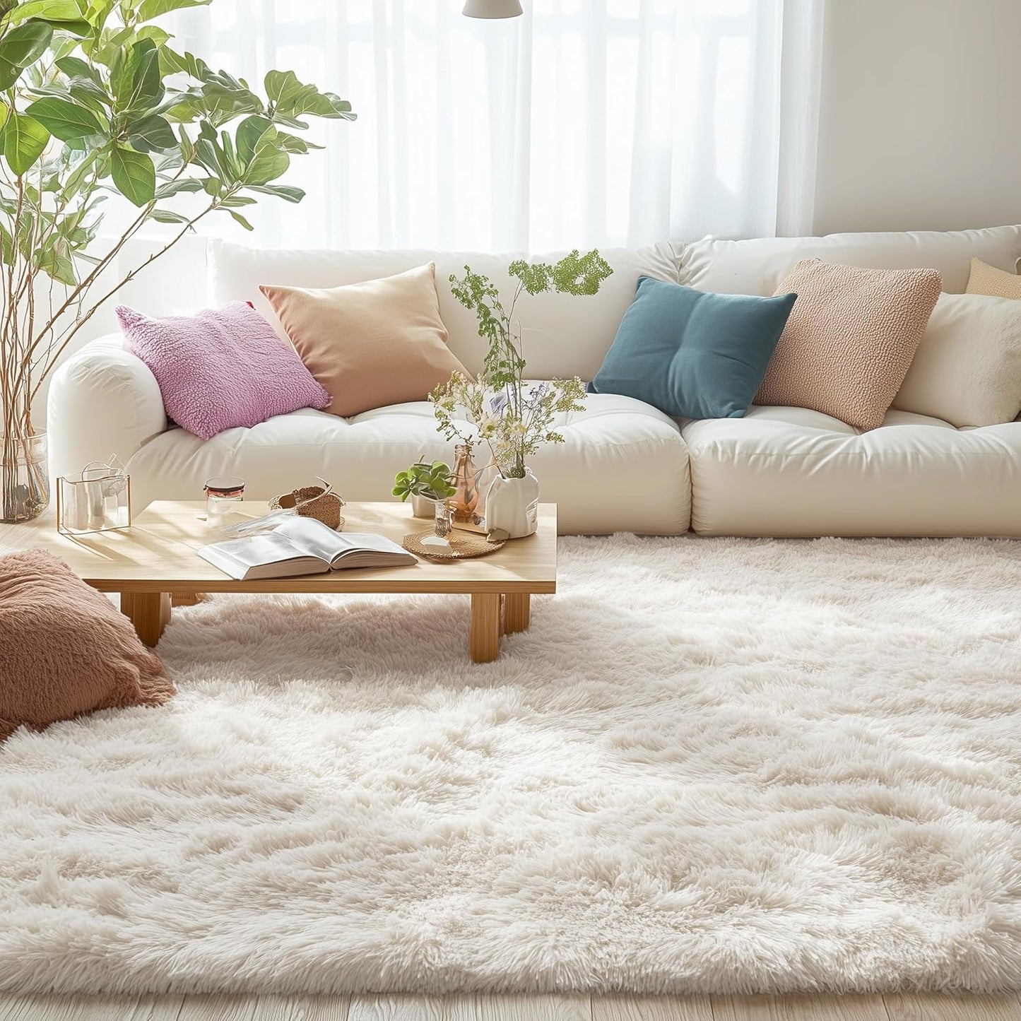 OLANLY Area Rug - Soft, Fluffy Shaggy Design for Living Room or Bedroom | Machine Washable Ivory 4x8