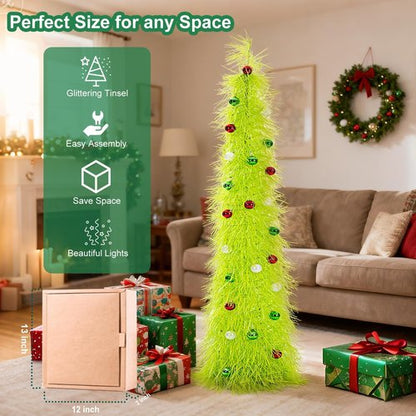 BrilliantJo 5ft Christmas Tree - Collapsible Design with Lights & Ornaments | Green Tinsel Decor