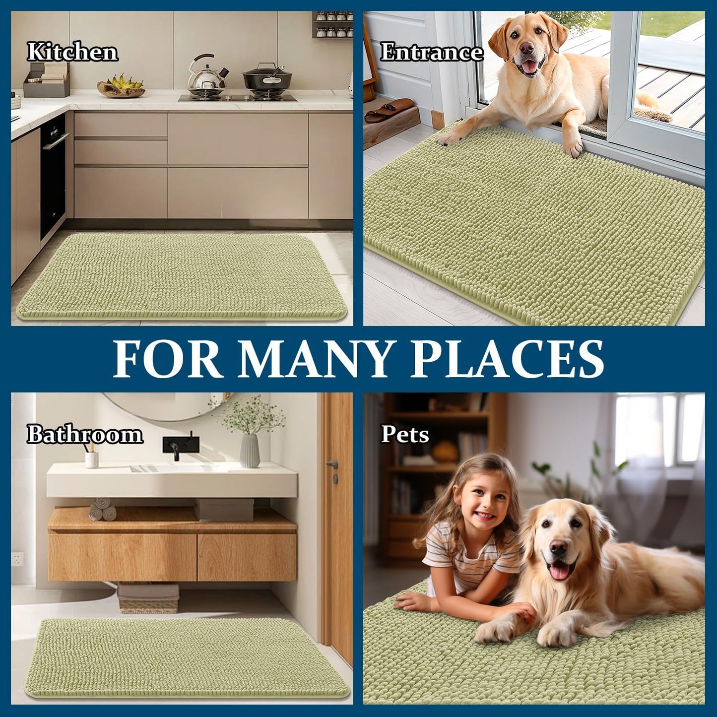 OLANLY Dog Door Mat - Absorbent Non-Slip Mud Mat for Indoor Use | 54x32, Quick Dry Chenille, Vanilla