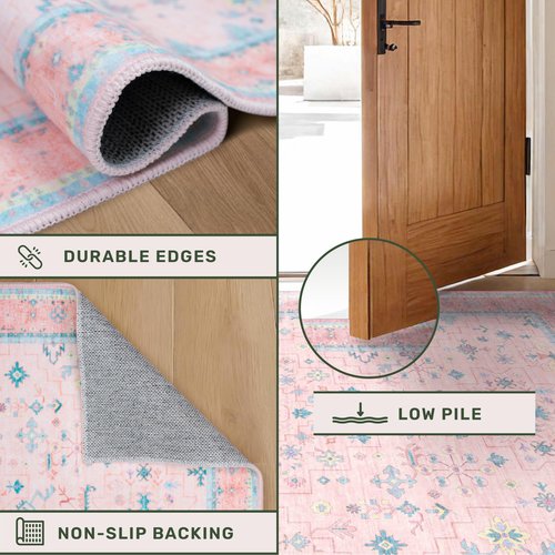 Washable Pink and Blue 6x9 Oushak Rugs for Bedroom Girls, Living Room Kids Playroom Nursery Room, Modern Floral Distressed Design, Soft Faux Wool Low Pile Non Slip Stain Resistance Carpet
