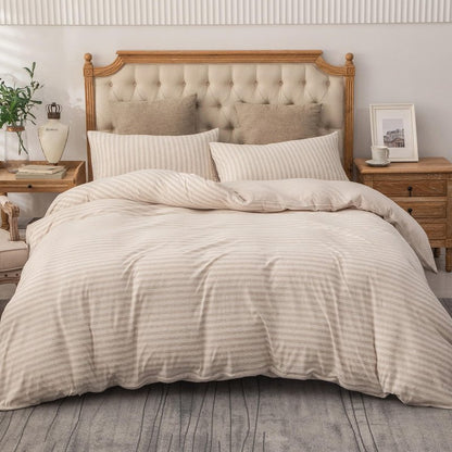 PURE ERA Jersey Knit Duvet Cover Set 100% T-Shirt Heather Cotton Super Soft Comfy Classic Striped Design, with Zipper Closure, Heather Beige Stripe, King
