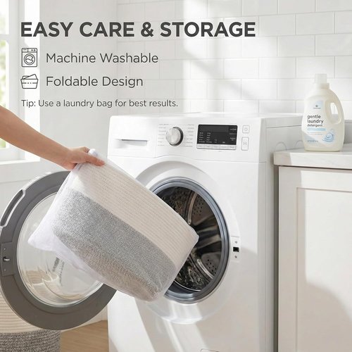JMvicyroam 65L Extra Large Blanket Basket - Woven Cotton Rope Laundry Hamper with Reinforced Handles | Machine Washable White & Grey Storage Bin for Pillows, Comforters & Toys