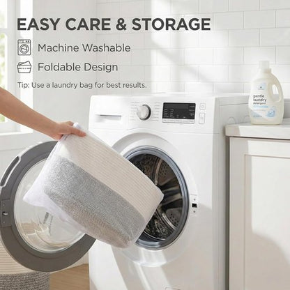 JMvicyroam 65L Extra Large Blanket Basket - Woven Cotton Rope Laundry Hamper with Reinforced Handles | Machine Washable White & Grey Storage Bin for Pillows, Comforters & Toys