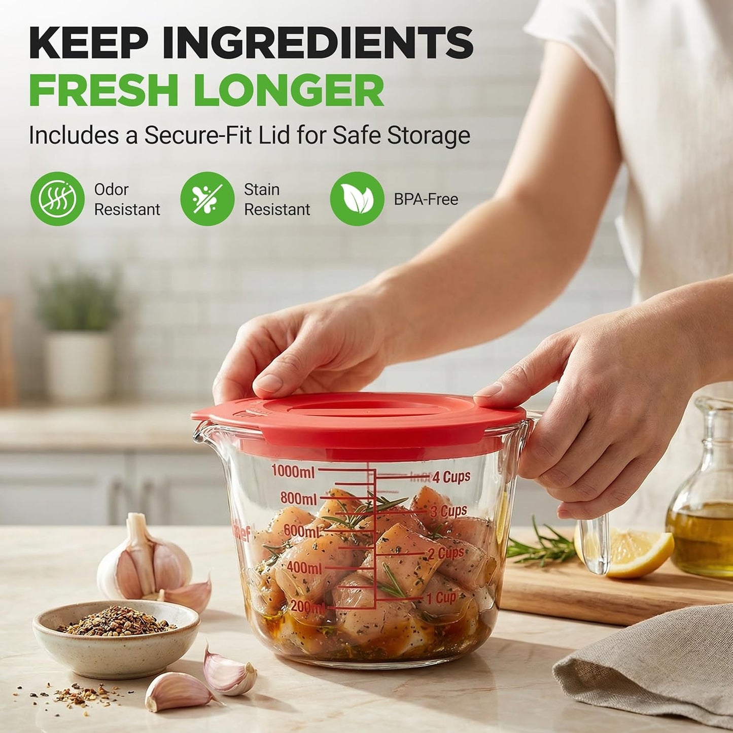 NutriChef Glass Measuring Cup Set - Heat-Resistant Borosilicate with Lids | 1, 2 & 4 Cups (8, 17, 34 oz)