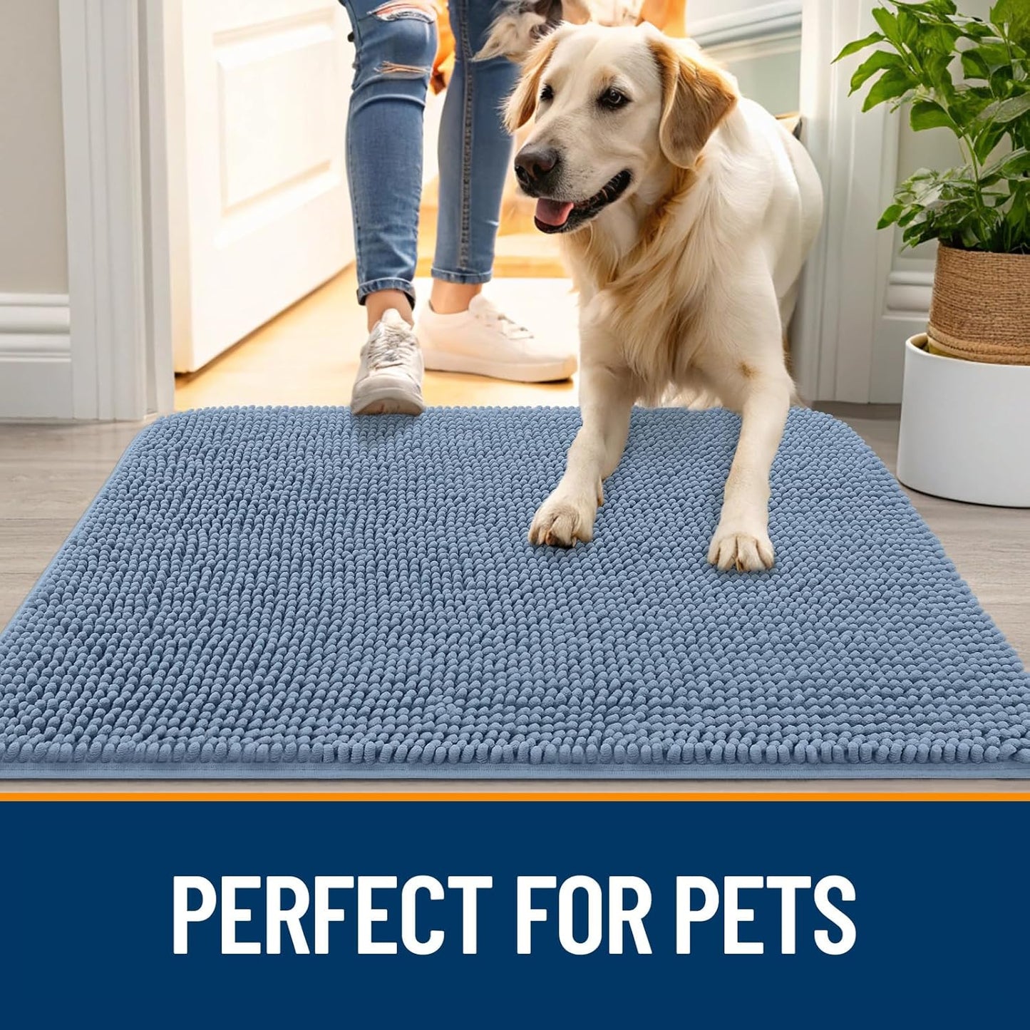 OLANLY Dog Door Mat - Absorbent Non-Slip Chenille for Muddy Paws | 24x16, Quick Dry Indoor Entryway Carpet, Airy Blue