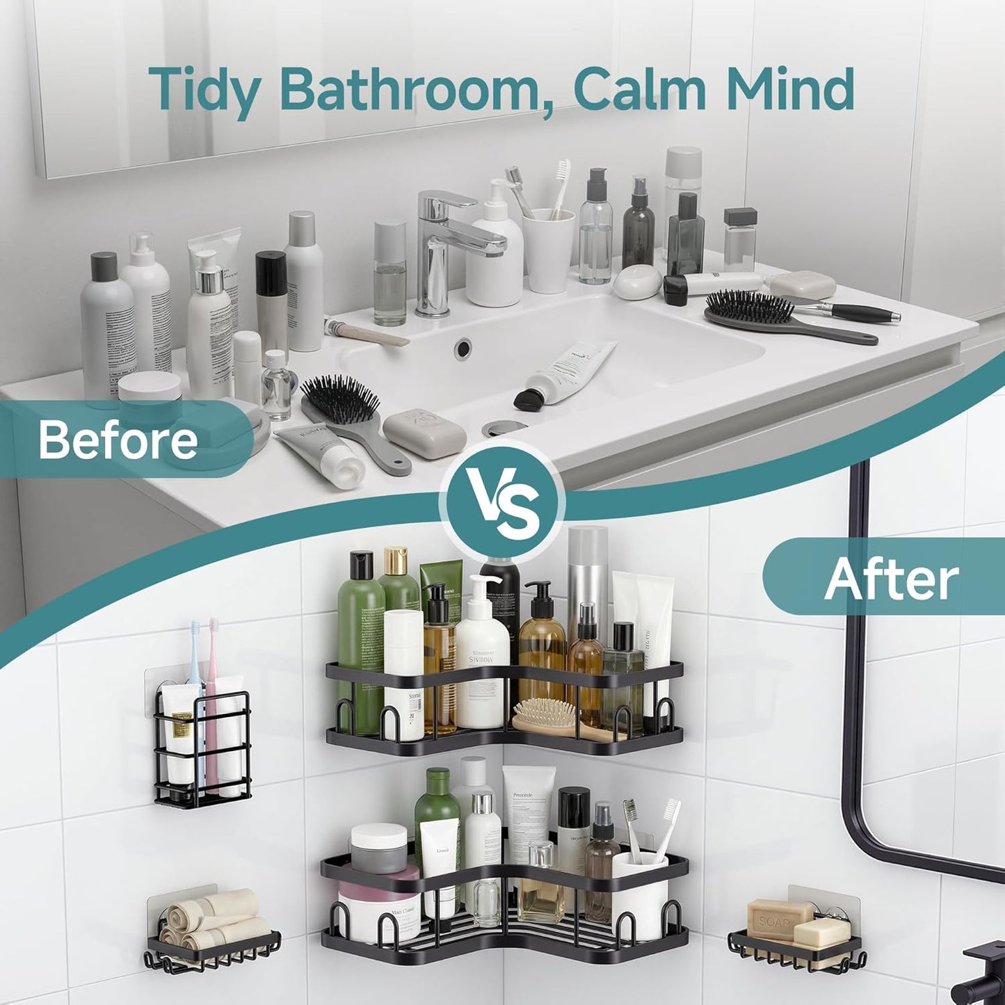 Veken Corner Shower Caddy - Rustproof Adhesive Shelves with Soap Holder | 5-Pack Large Capacity, Black