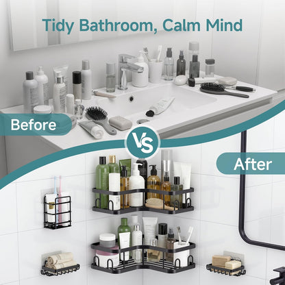 Veken Corner Shower Caddy - Rustproof Adhesive Shelves with Soap Holder | 5-Pack Large Capacity, Black
