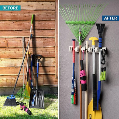 Garage Storage Organizer | Mop and Broom Holder Wall Mount 2 Pack - 5 Slots, 6 Hooks, 7.5lbs Capacity - Off-White