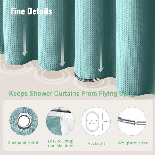 Dynamene Long Shower Curtain and Liner Set - 78 inch Tall Waffle Fabric, Waterproof Clear Liner, Heavy Duty Weighted Hotel Luxury Cloth Shower Curtains for Bathroom with 12 Hooks, 72x78, Teal