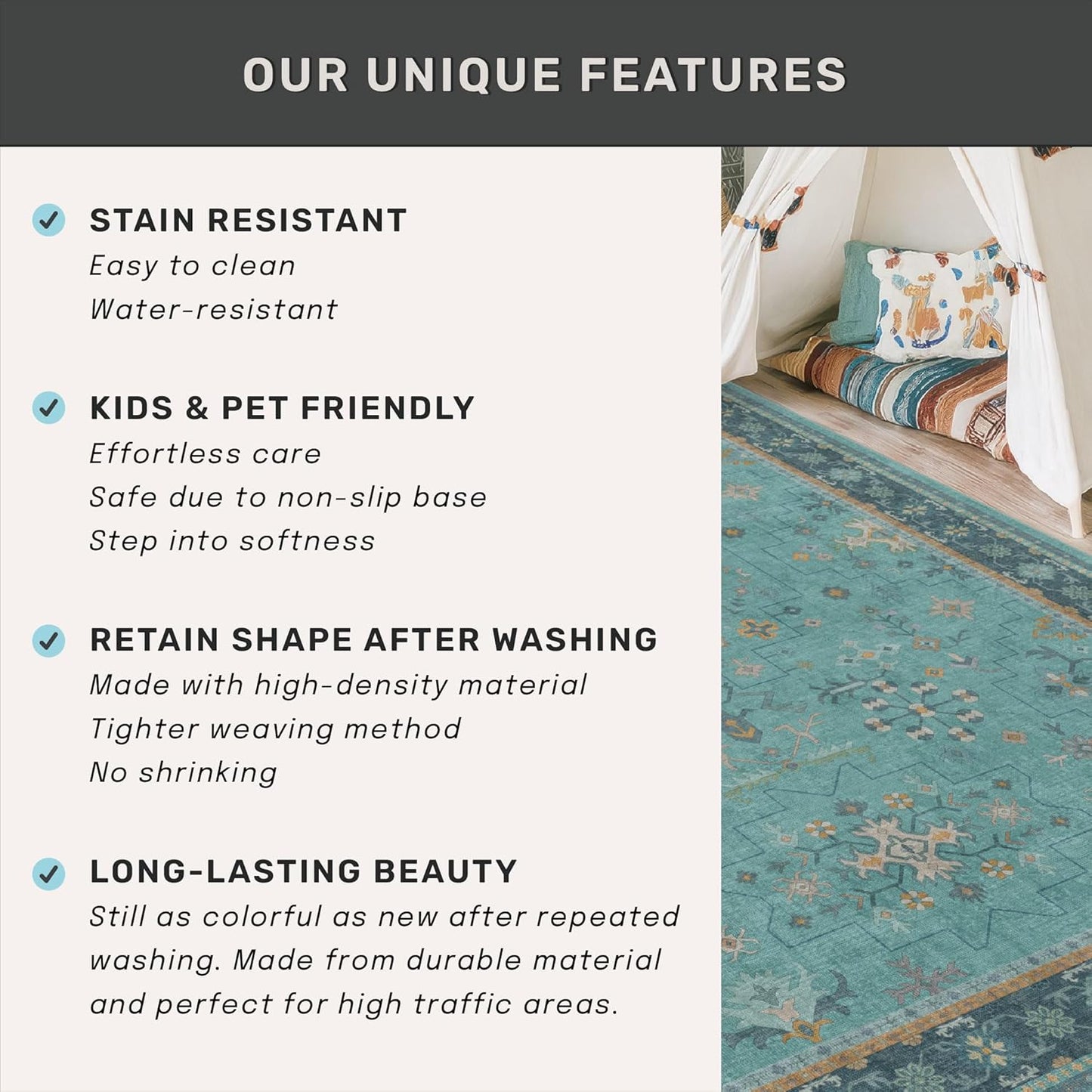 Skiennix 2x4 Washable Teal Throw Rug - Non-Slip Boho Floral Carpet for Entryway & Bathroom