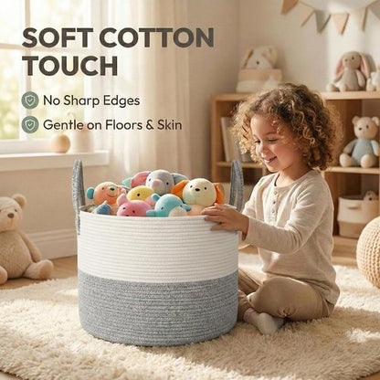 **JMvicyroam Extra Large Woven Cotton Rope Blanket Basket - Stylish Laundry Hamper with Reinforced Handles | Machine Washable, White & Grey**