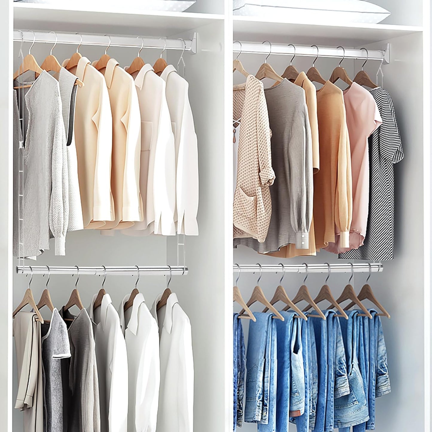 Storage Maniac Adjustable Closet Hanging Rod - Space-Saving Organizer for Clothes | 2 Pack Chrome
