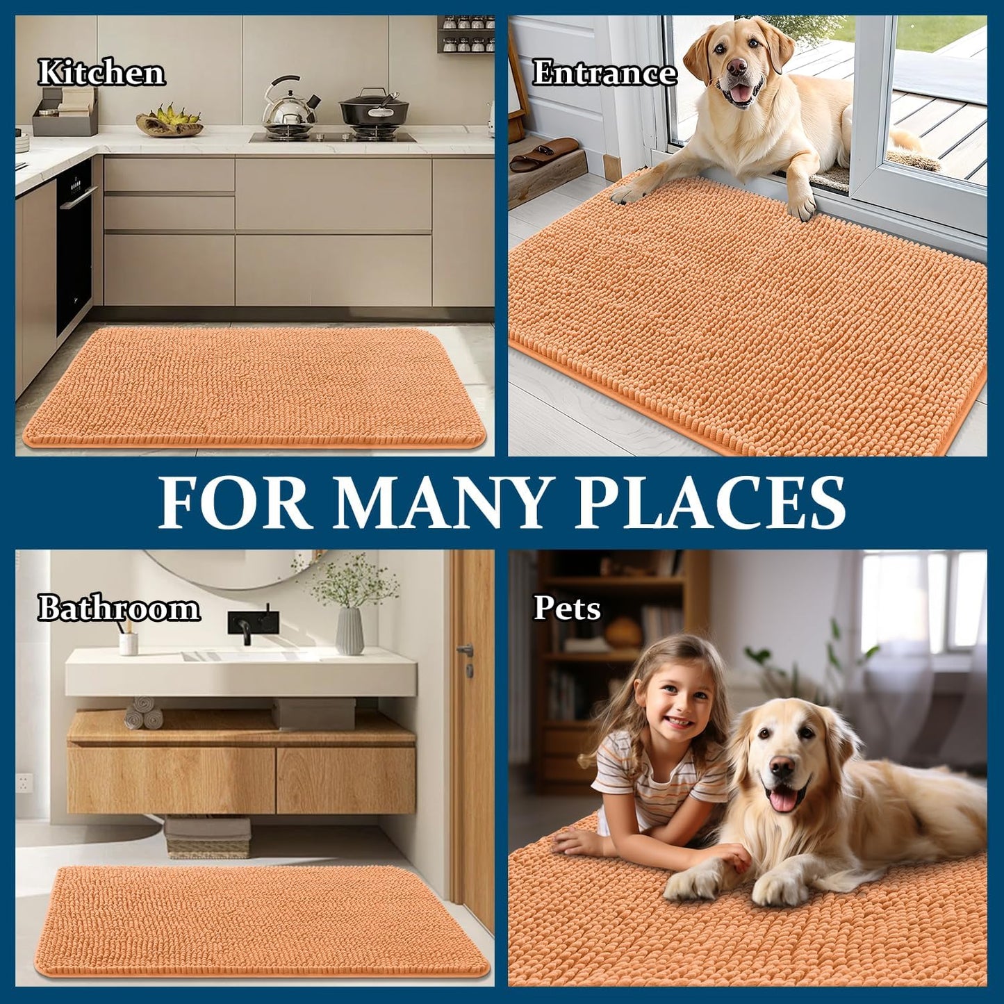 OLANLY Dog Door Mat - Absorbent Non-Slip Chenille Mat for Muddy Paws | 36x24 Inches, Quick Dry, Orange