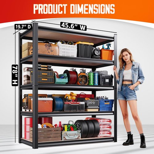 Garage Shelving | Heavy-Duty Metal Storage Unit - 5 Tier, Adjustable 2050 lbs Capacity, Black - 78"x45"x20"