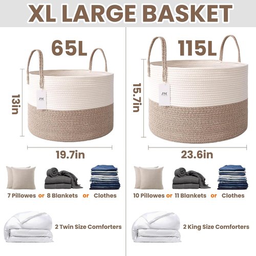 JMvicyroam 65L Extra Large Blanket Basket - Woven Cotton Rope Laundry Hamper with Handles | Machine Washable, White & Brown