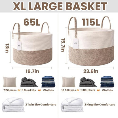 JMvicyroam 65L Extra Large Blanket Basket - Woven Cotton Rope Laundry Hamper with Handles | Machine Washable, White & Brown