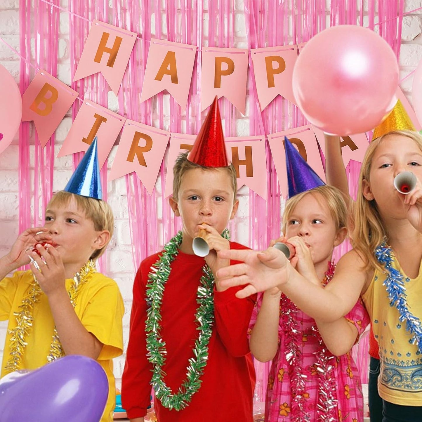 Skiennix 5 Pack Pink Tinsel Curtain - Foil Fringe Backdrop for Birthday & Graduation Parties