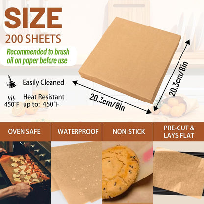 Skiennix Parchment Paper Sheets - 200 Pcs Precut 8x8 Inch Non-Stick Baking Liners | Greaseproof & Unbleached