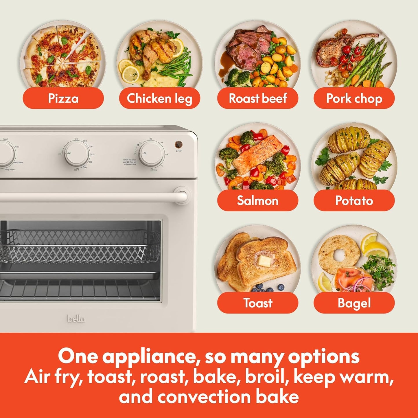 Bella Air Fry Toaster Oven - 7 Cooking Options, Dishwasher-Safe Trays, 60-Minute Timer, 1700W - Oatmilk
