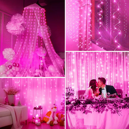 Minetom 300 LED Dimmable Fairy Curtain Lights - Remote & Timer, 8 Modes, USB Powered, Pink Indoor Decor