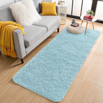 OLANLY Machine Washable Runner Rugs - Soft Fluffy Shaggy Indoor Carpet for Bedroom & Hallway | Light Blue 2x6 ft