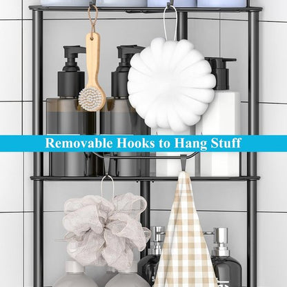 HuggieGems Corner Shower Caddy Organizer - 4 Tier Floor Standing Shelf with Hooks | Black Finish