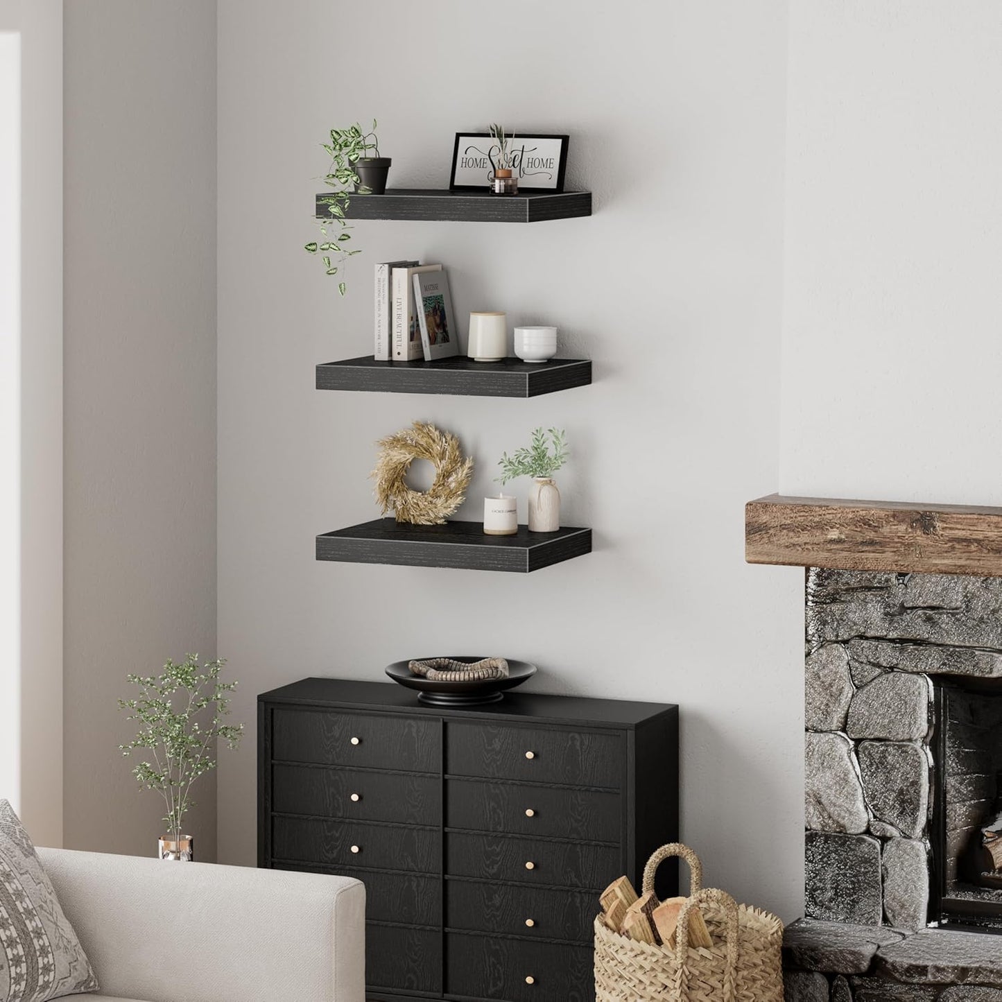 QEEIG Floating Shelves - 12" Deep Wall-Mounted Bookshelf Set of 3 for Bathroom, Kitchen, Living Room - Black