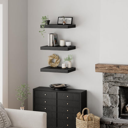 QEEIG 10" Deep Floating Shelves - Set of 3 Black Wall-Mounted Bookshelves for Bathroom, Bedroom & Kitchen