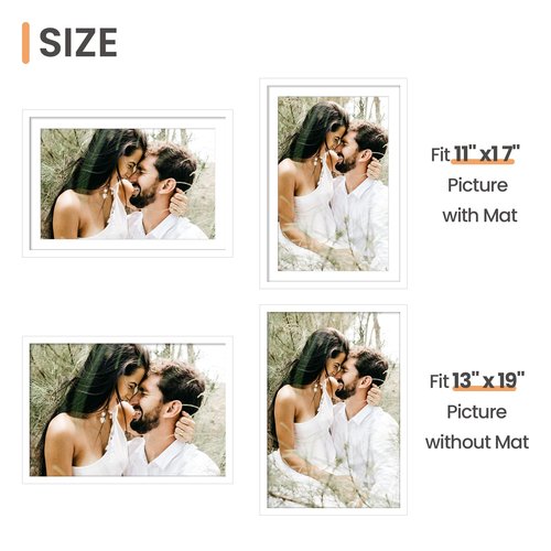 upsimples 13x19 Picture Frame, Display Pictures 11x17 with Mat or 13 x 19 Without, Wall Hanging Poster Frames, White, 1 Pack