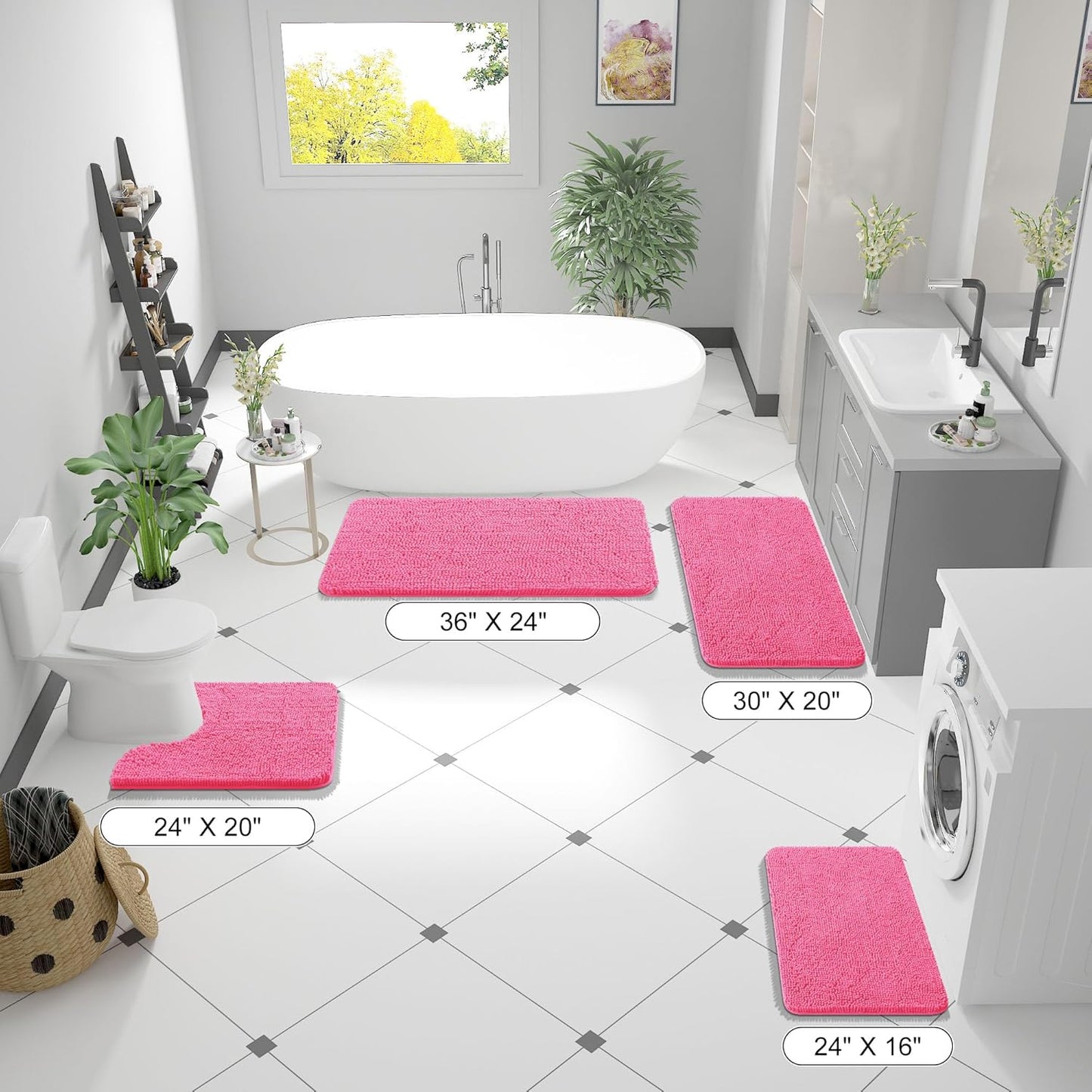 OLANLY Bathroom Runner Rugs - Soft Absorbent Chenille with Rubber Backing | 59x24 Inches, Hot Pink